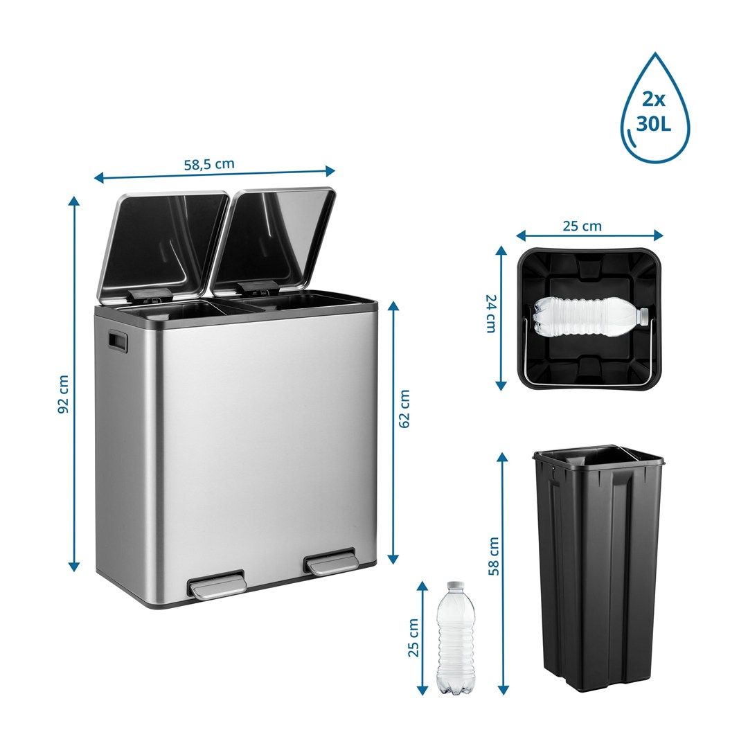 Abfallsammler Mülltrennsystem Clean 13 S - 60L (2x30L) Edelstahl silber von HJH - Produktbild 7 von 7
