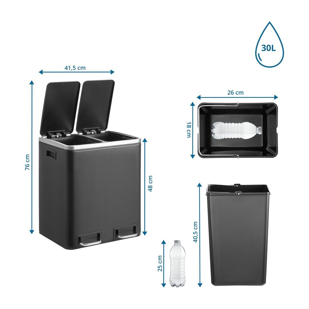 Abfallsammler Mülltrennsystem Clean 9 - 30L (2x15L) Stahl schwarz von HJH - Produktbild 8 von 8