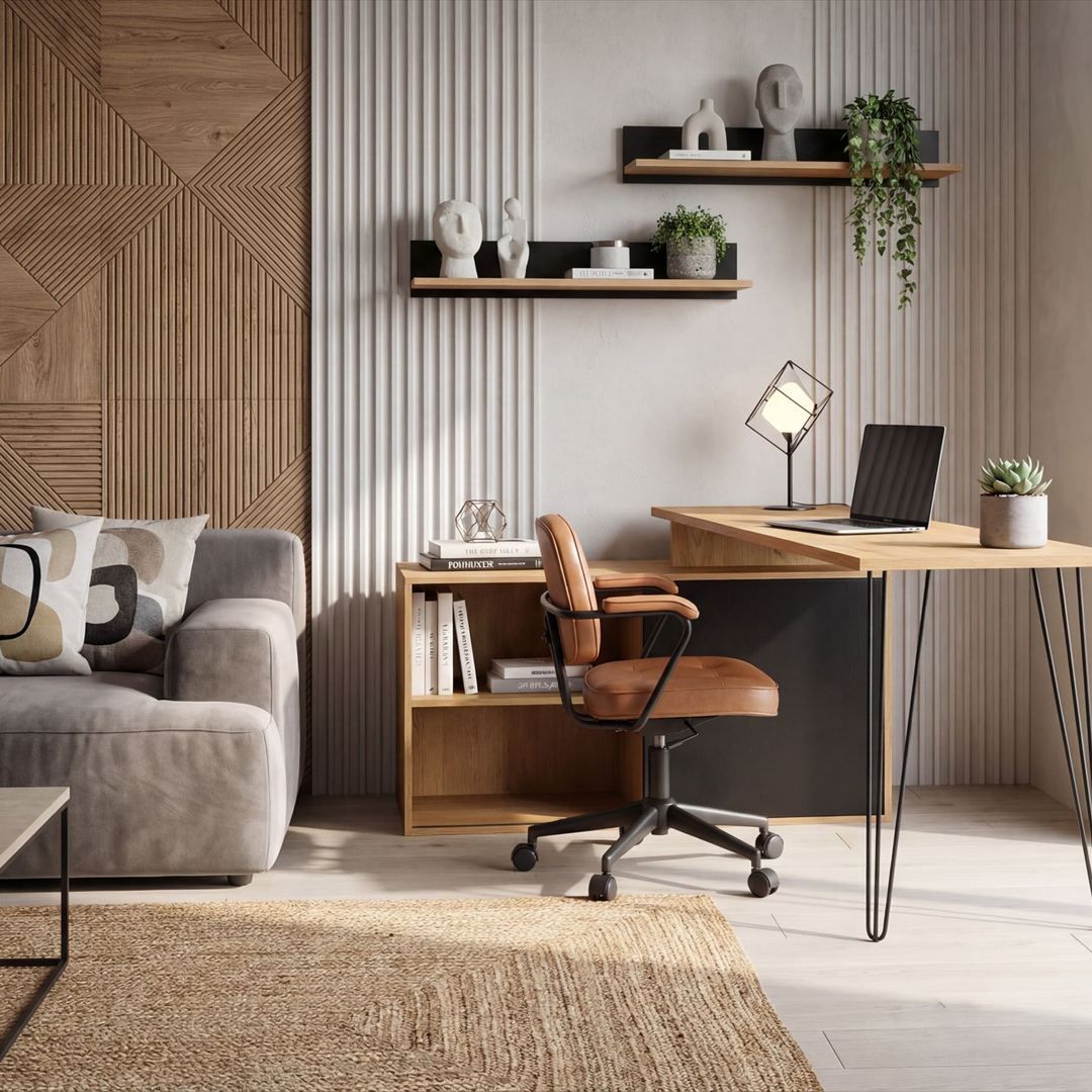 Eckschreibtisch MDF 130 cm L-Form mit Regal - Eiche-Dekor/Schwarz von Wohnling - Produktbild 3 von 6