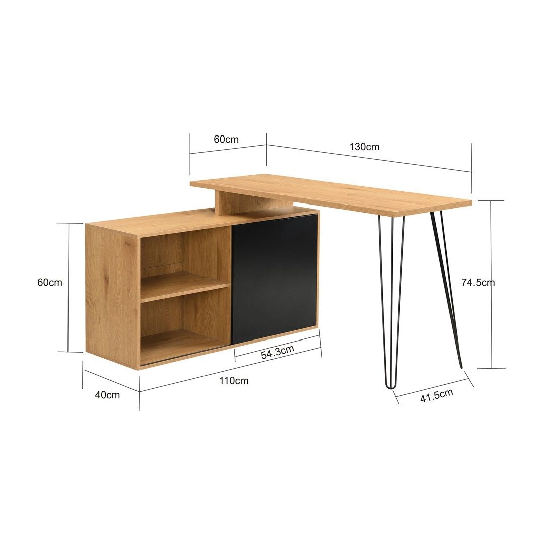Eckschreibtisch MDF 130 cm L-Form mit Regal - Eiche-Dekor/Schwarz von Wohnling - Produktbild 6 von 6