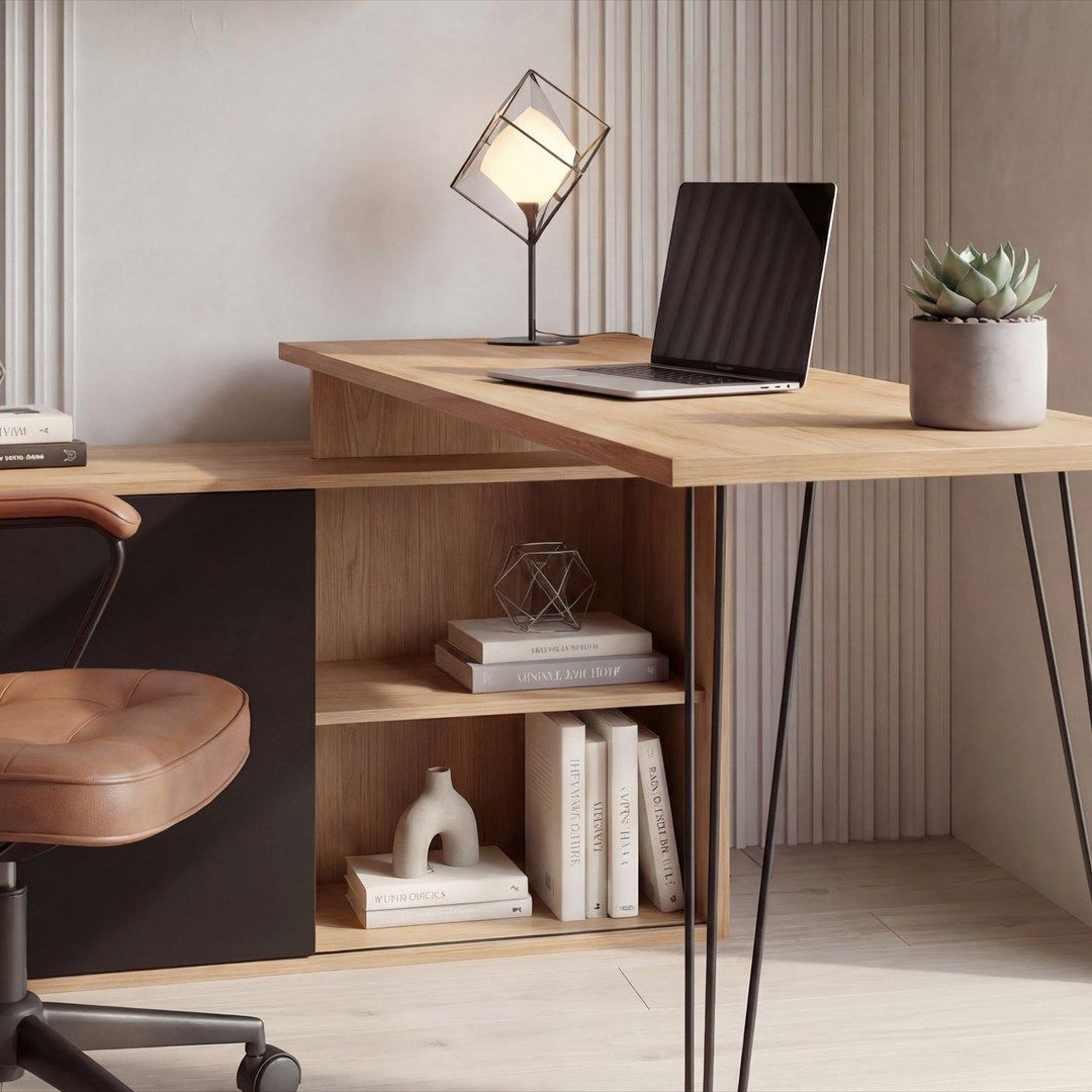 Eckschreibtisch MDF 130 cm L-Form mit Regal - Eiche-Dekor/Schwarz von Wohnling - Produktbild 5 von 6