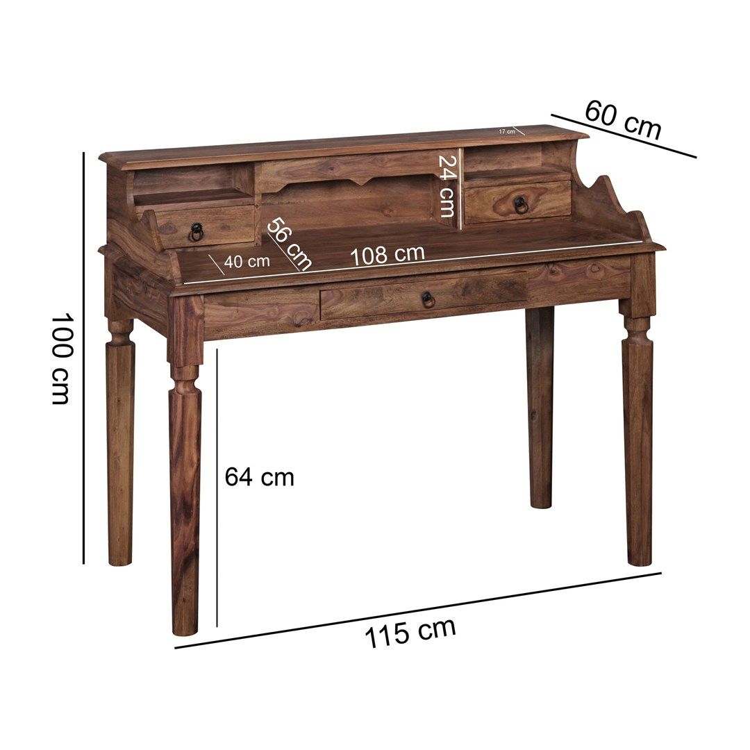 Schreibtisch Massivholz Sheesham Sekretär 115 x 60 cm - 3 Schubladen von Wohnling - Produktbild 6 von 6
