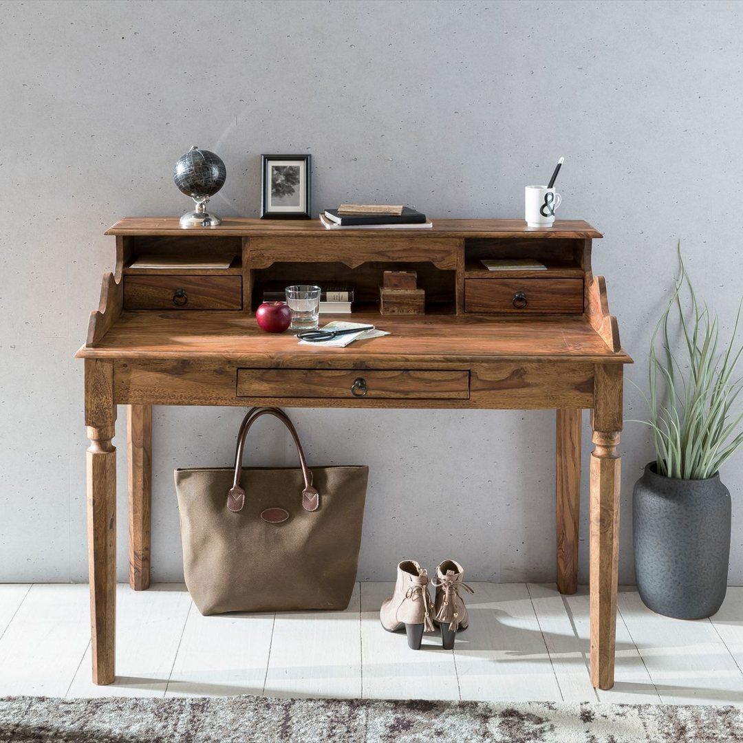 Schreibtisch Massivholz Sheesham Sekretär 115 x 60 cm - 3 Schubladen von Wohnling - Produktbild 3 von 6