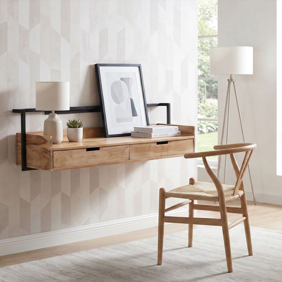 Wandschreibtisch Akazie Massivholz 120 cm - 2 Schubladen von Wohnling - Produktbild 3 von 6