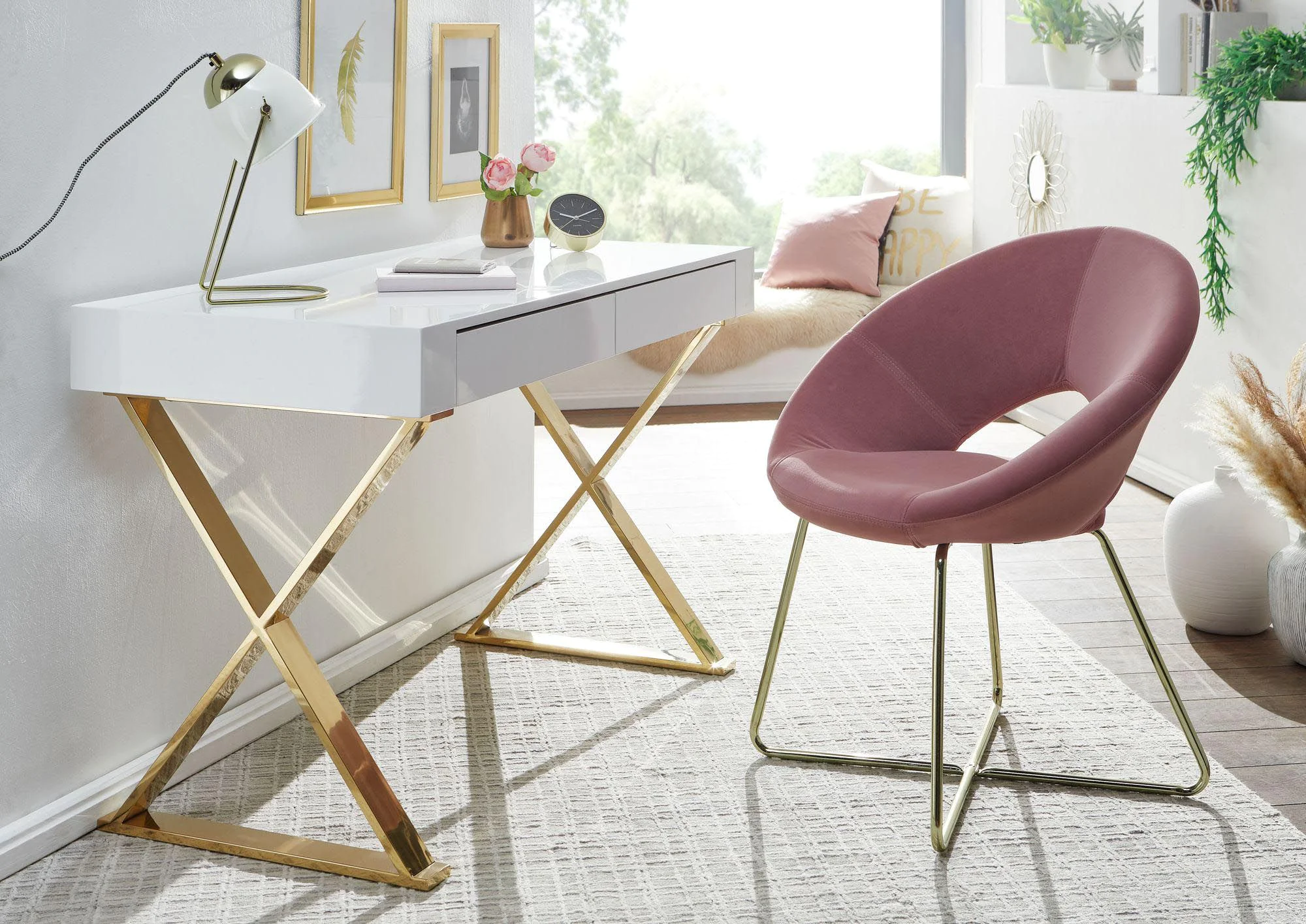 Schreibtisch mit Schubladen 118 x 76 cm - Weiß-Hochglanz/Gold von Wohnling - Produktbild 3 von 7