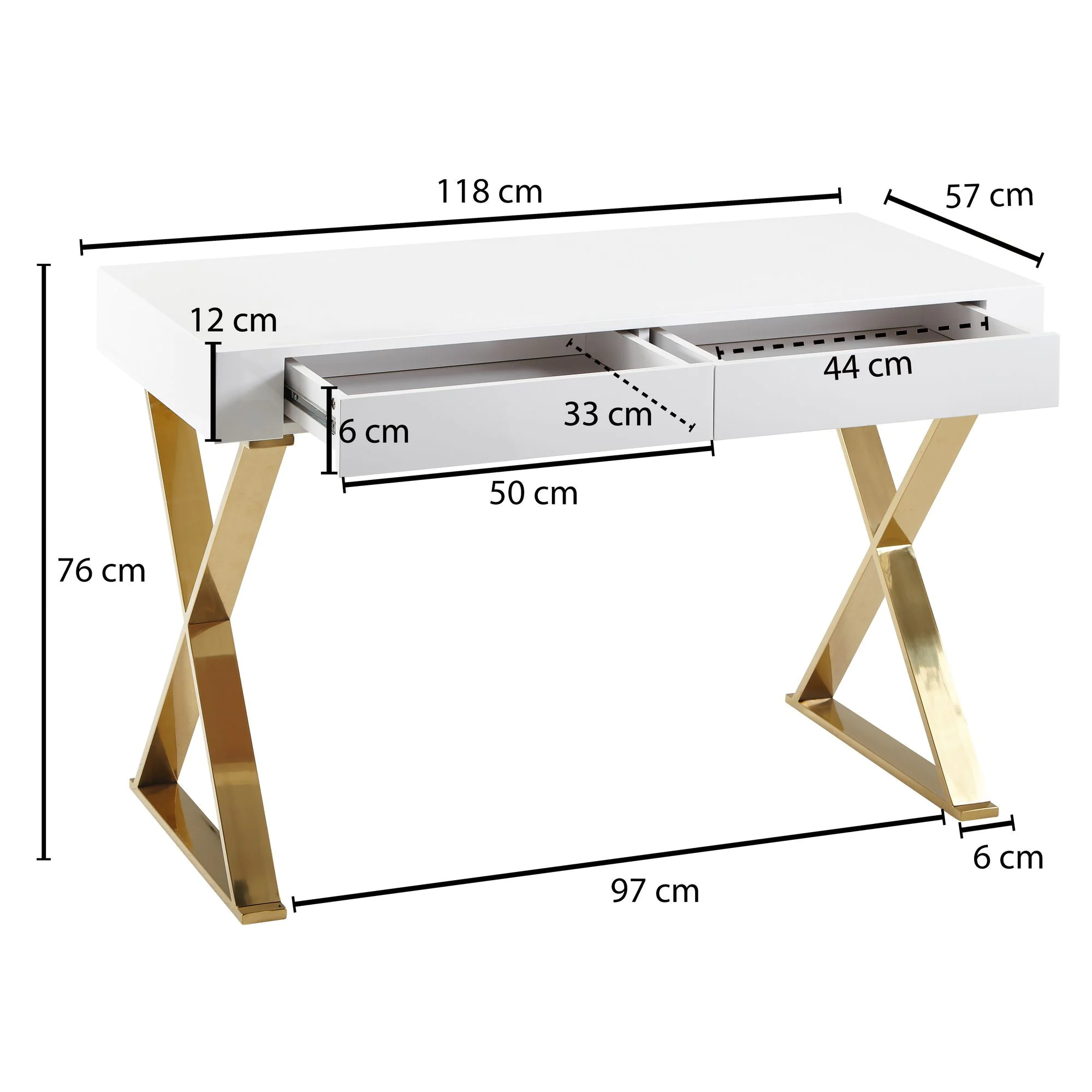 Schreibtisch mit Schubladen 118 x 76 cm - Weiß-Hochglanz/Gold von Wohnling - Produktbild 4 von 7