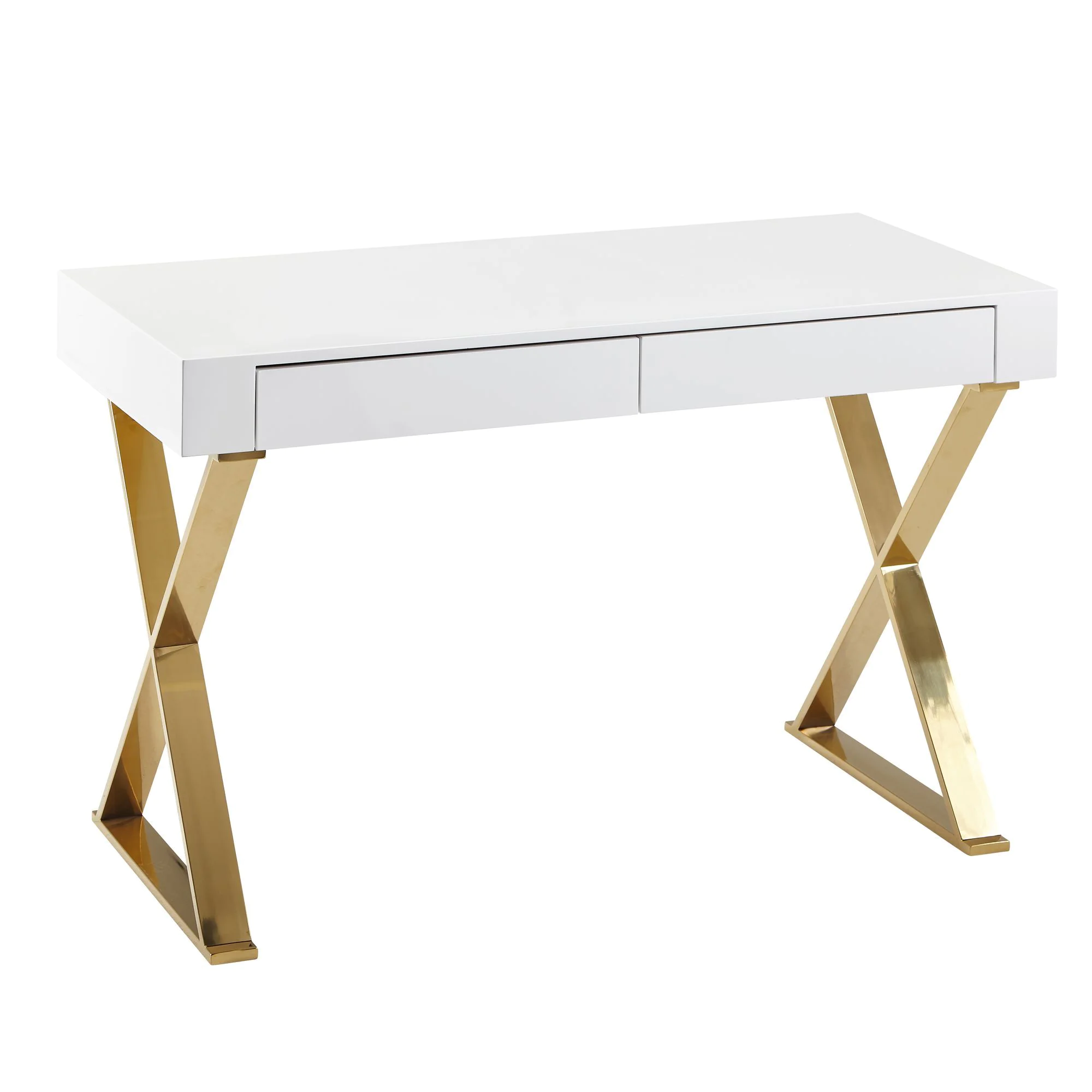 Schreibtisch mit Schubladen 118 x 76 cm - Weiß-Hochglanz/Gold von Wohnling - Produktbild 7 von 7