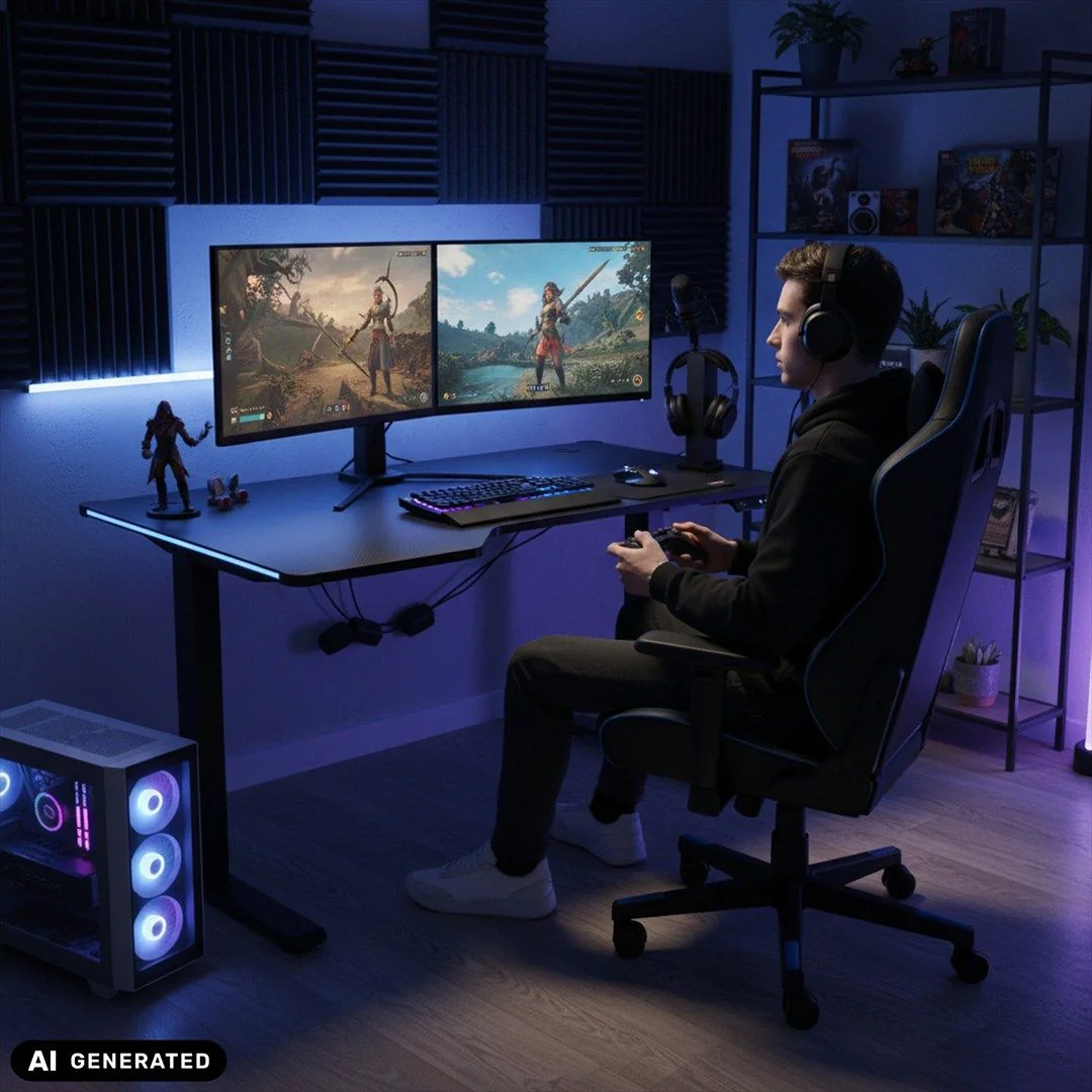 Schreibtisch Worktime Game 140 x 100 LED elektrisch höhenverstellbar schwarz von HJH - Produktbild 7 von 9