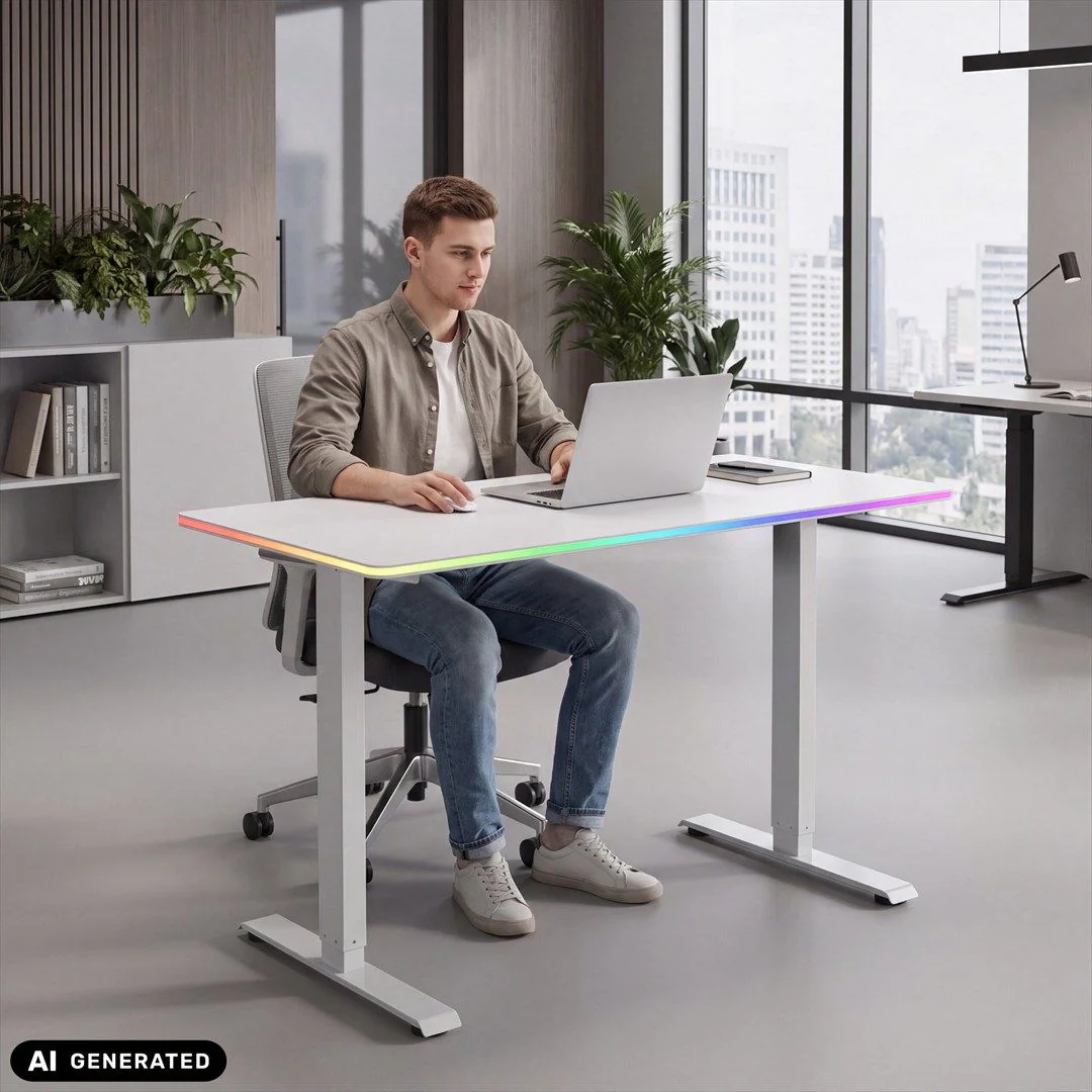 Schreibtisch Worktime LED 120 x 60 elektrisch höhenverstellbar weiß weiß von HJH - Produktbild 3 von 5