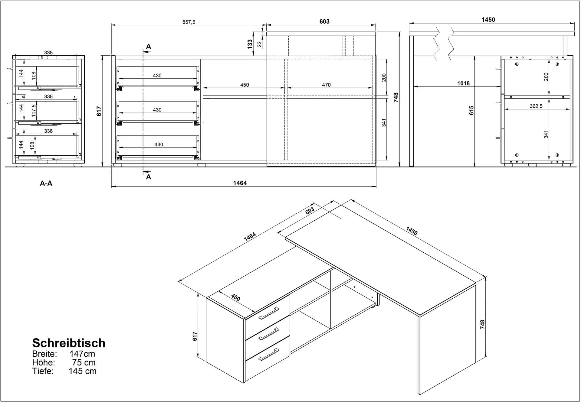 Eckschreibtisch 4188 Pasadena - Graphit/Weiß von BME home - Produktbild 3 von 6