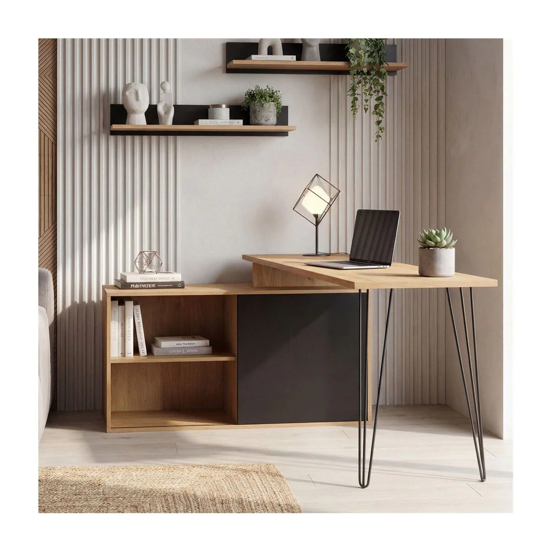 Eckschreibtisch MDF 130 cm L-Form mit Regal - Eiche-Dekor/Schwarz von Wohnling - Produktbild 2 von 6