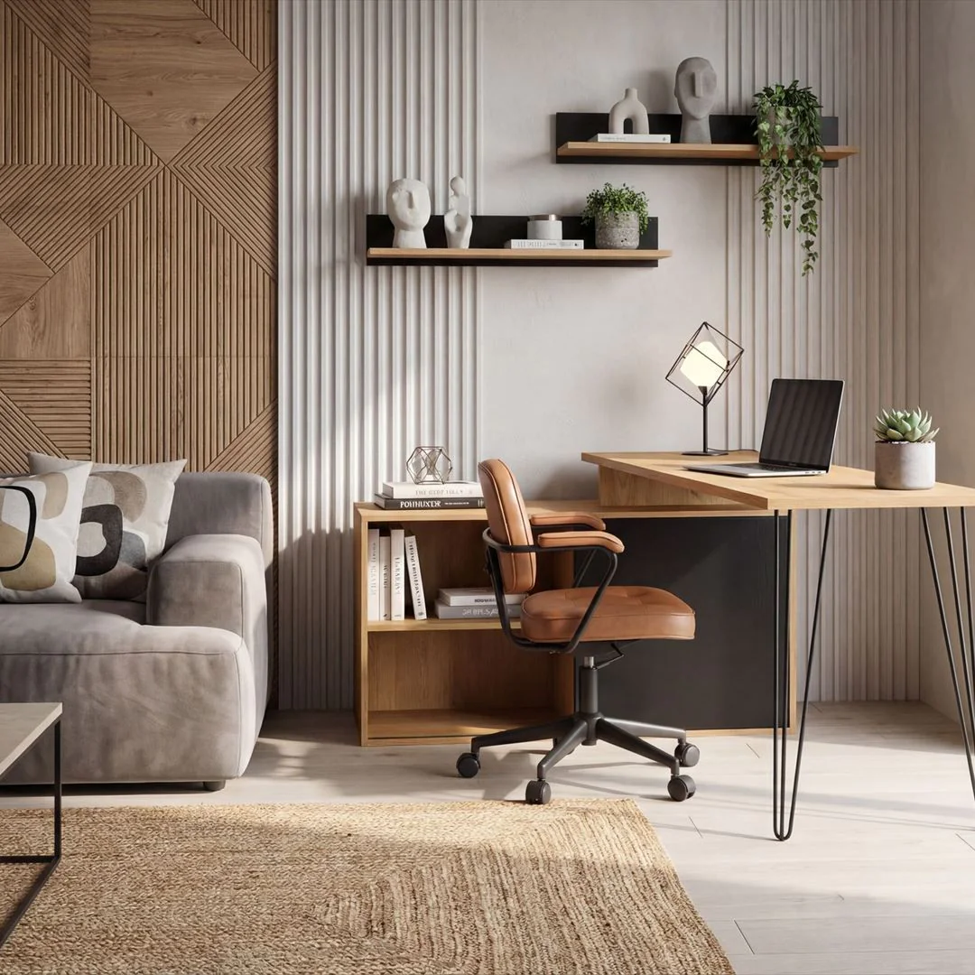 Eckschreibtisch MDF 130 cm L-Form mit Regal - Eiche-Dekor/Schwarz von Wohnling - Produktbild 3 von 6