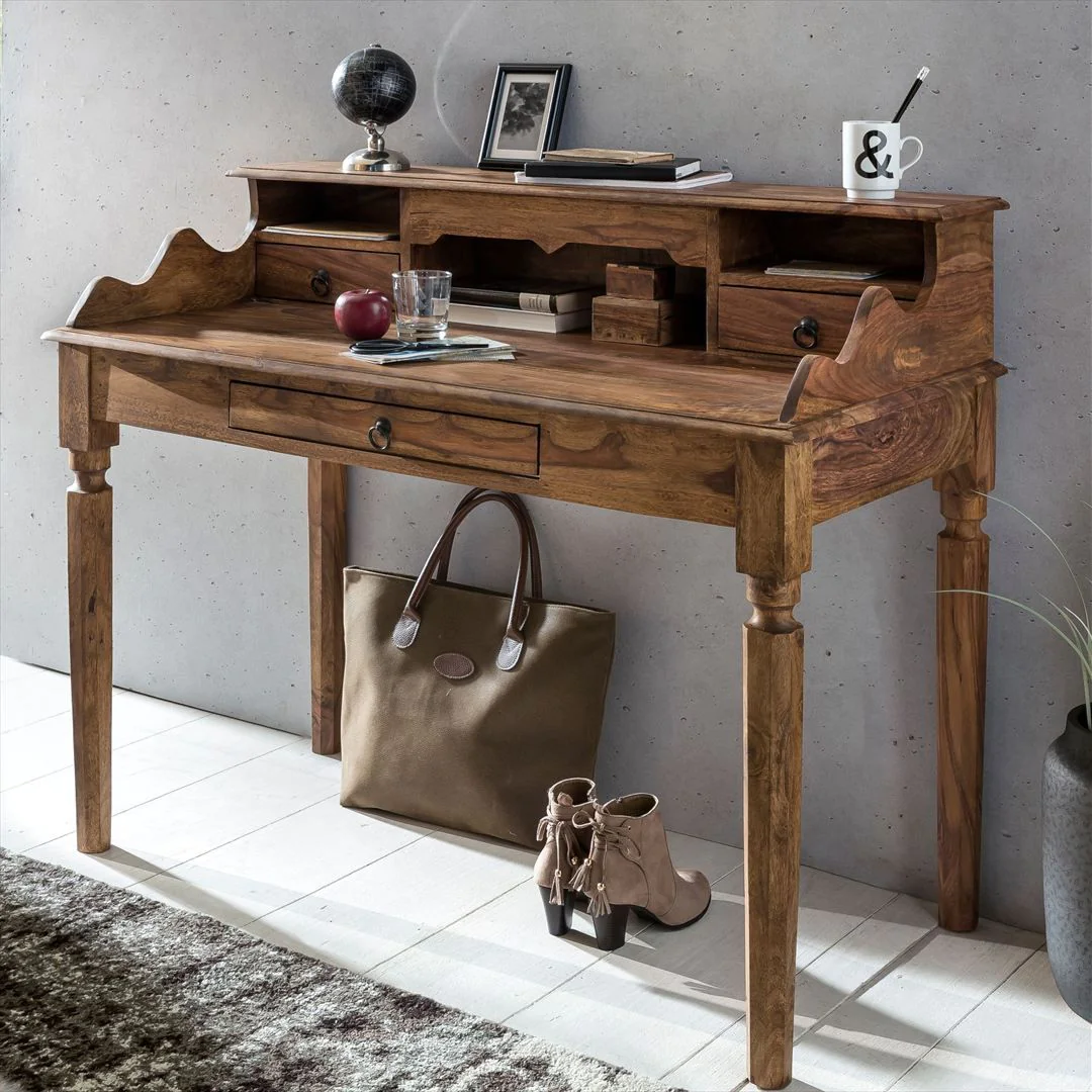 Schreibtisch Massivholz Sheesham Sekretär 115 x 60 cm - 3 Schubladen von Wohnling - Produktbild 2 von 6