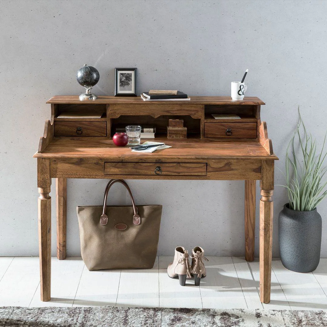 Schreibtisch Massivholz Sheesham Sekretär 115 x 60 cm - 3 Schubladen von Wohnling - Produktbild 3 von 6