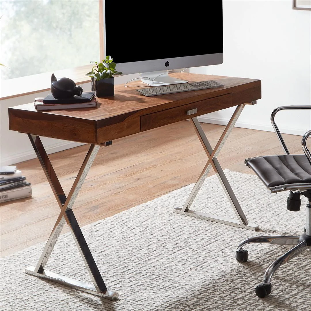 Schreibtisch Sheesham Massivholz mit Schublade 120 x 55 cm von Wohnling - Produktbild 2 von 6