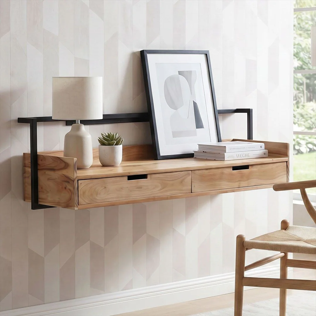 Wandschreibtisch Akazie Massivholz 120 cm - 2 Schubladen von Wohnling - Produktbild 2 von 6