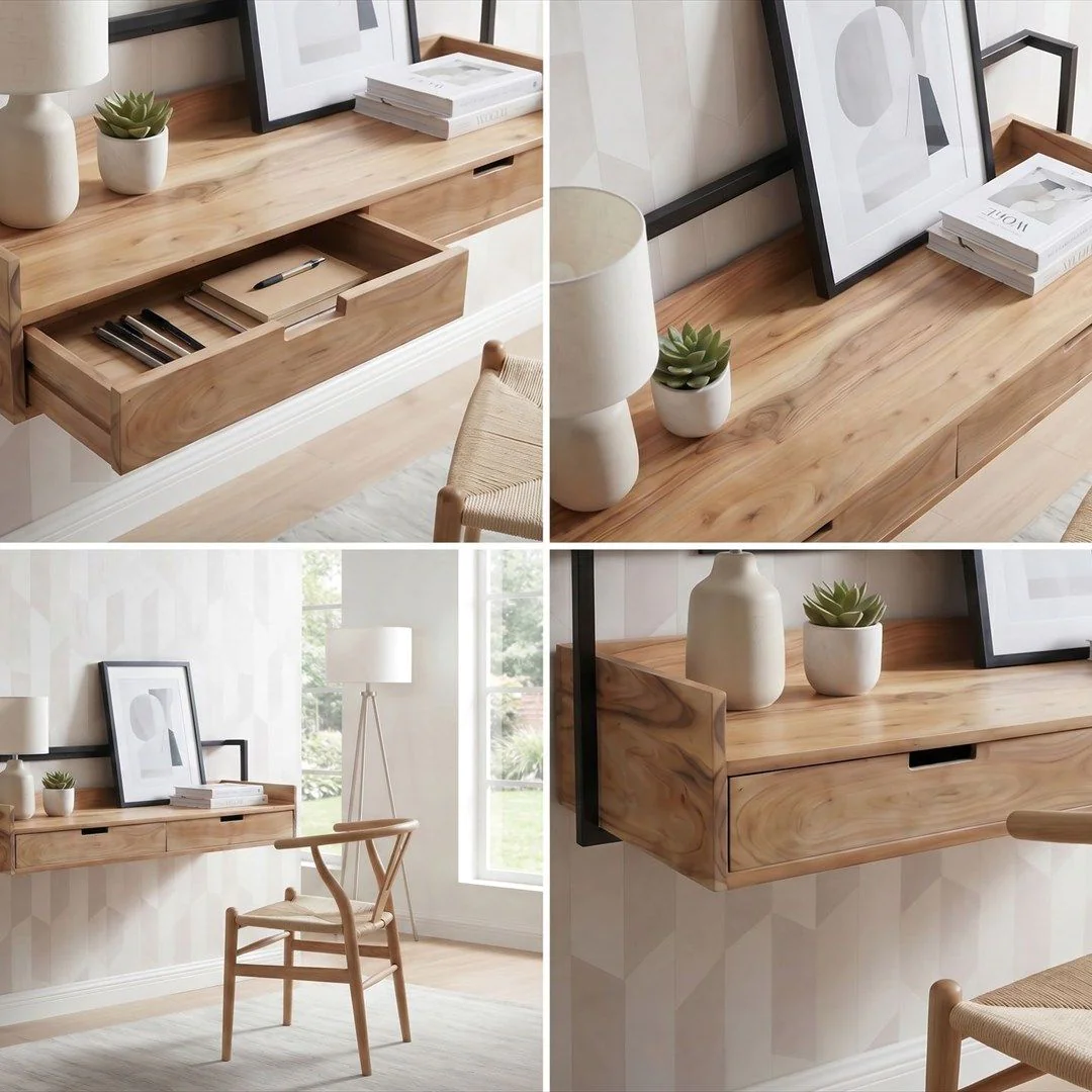 Wandschreibtisch Akazie Massivholz 120 cm - 2 Schubladen von Wohnling - Produktbild 4 von 6